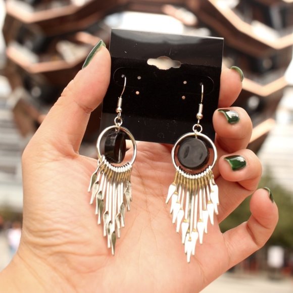 New Black Round Metal Tassel Drop Earrings jewelry - Picture 3 of 8